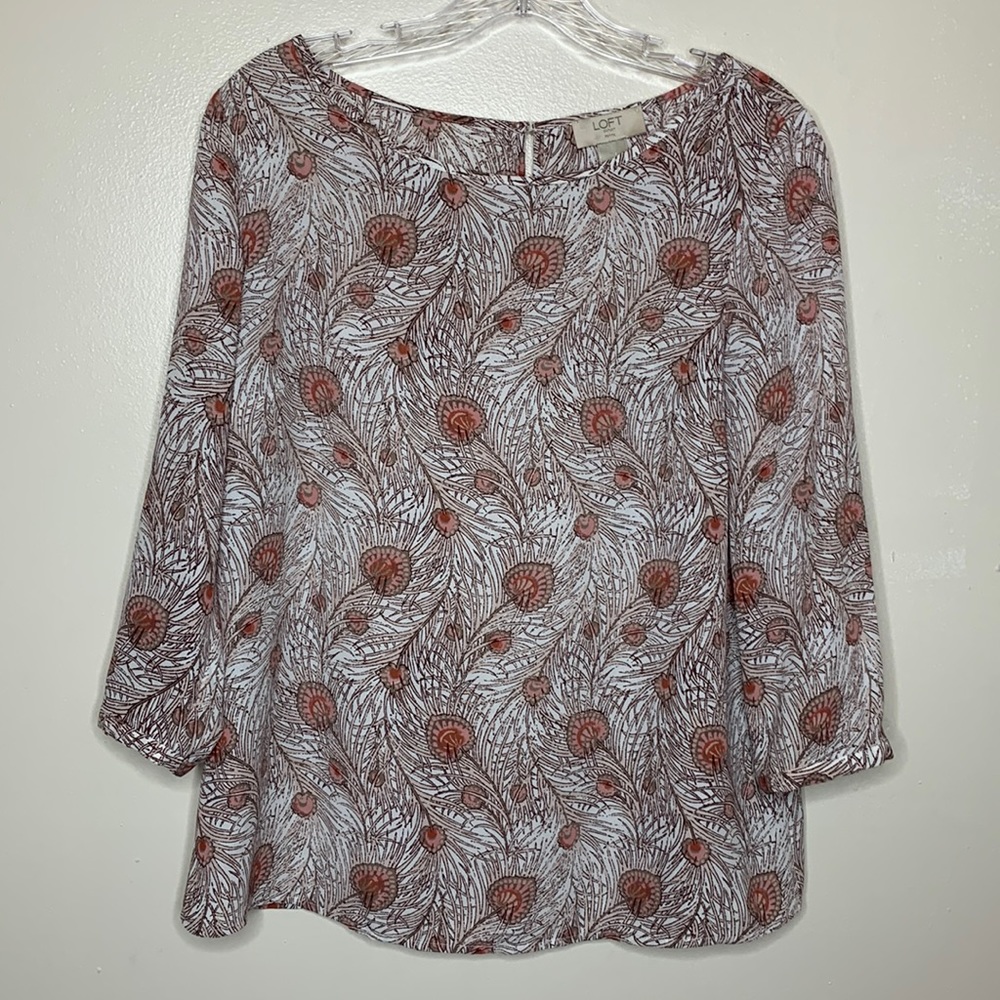 LOFT Petites Outlet Blouse Pink & Tan Floral Leaf Print Three Quarter Sleeves MP